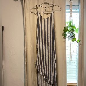 Blue and white striped midi dress with slit